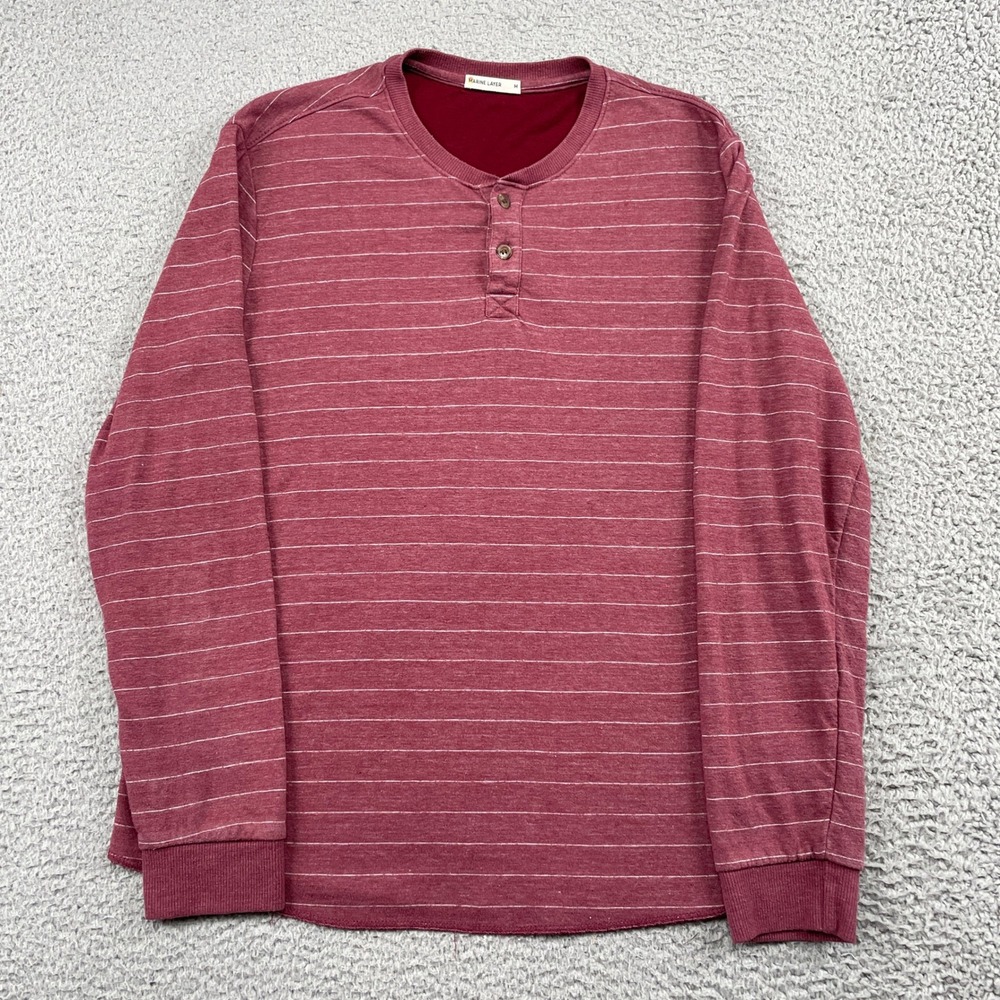 Marine Layer Henley Mens M Red Striped Long Sleeve Knit Shirt Casual